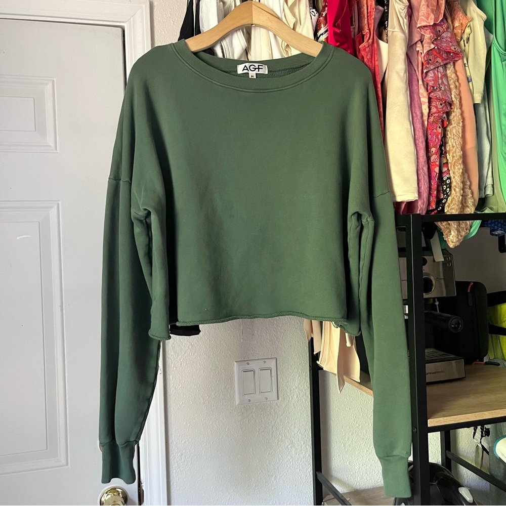 AGF green cotton knit grey crew neck boxy cropped long sleeve pullover sweater